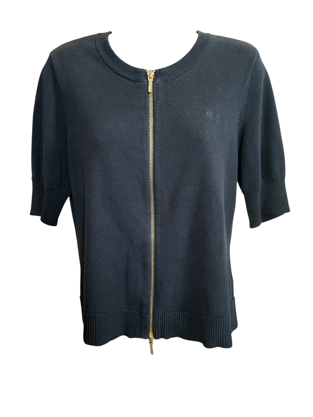 Lauren Ralph Lauren Petite 100% Cotton Black Zip Up Cardigan. Size Medium.
